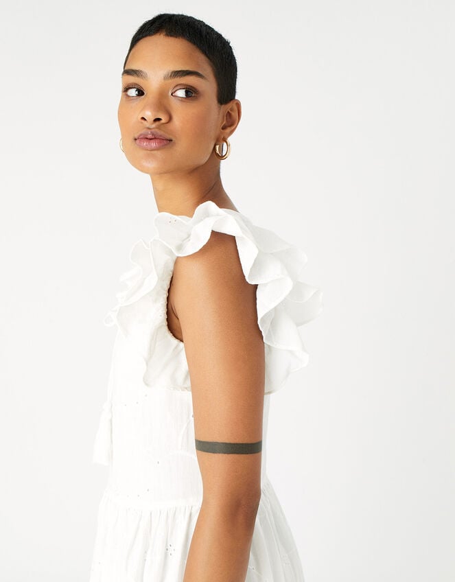 Broderie Frill Shoulder Midi Dress , White (WHITE), large