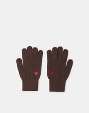 Heart Embroidered Touchscreen Gloves, Brown (CHOCOLATE), large