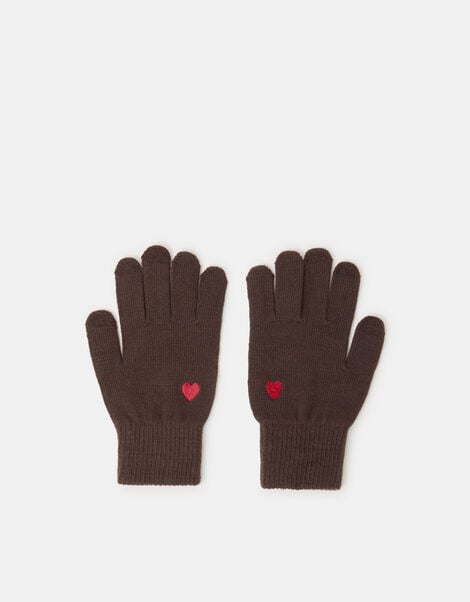 Heart Embroidered Touchscreen Gloves, Brown (CHOCOLATE), large