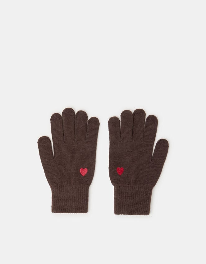 Heart Embroidered Touchscreen Gloves, Brown (CHOCOLATE), large