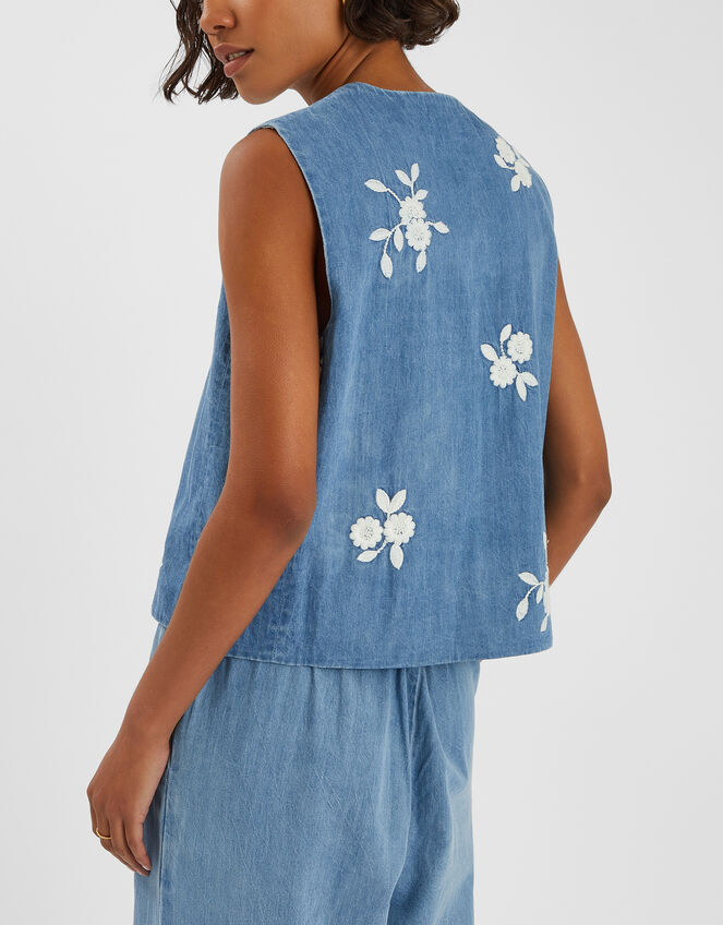 Floral Embroidered Denim Waistcoat, Blue (BLUE), large