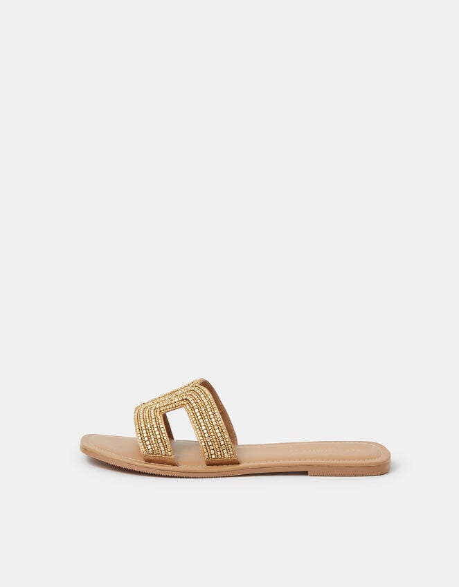 Beaded Cut Out Slide Sandals, Gold (GOLD), large