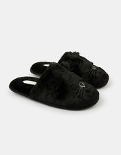 Fluffy Cat Mule Slippers, Black (BLACK), large