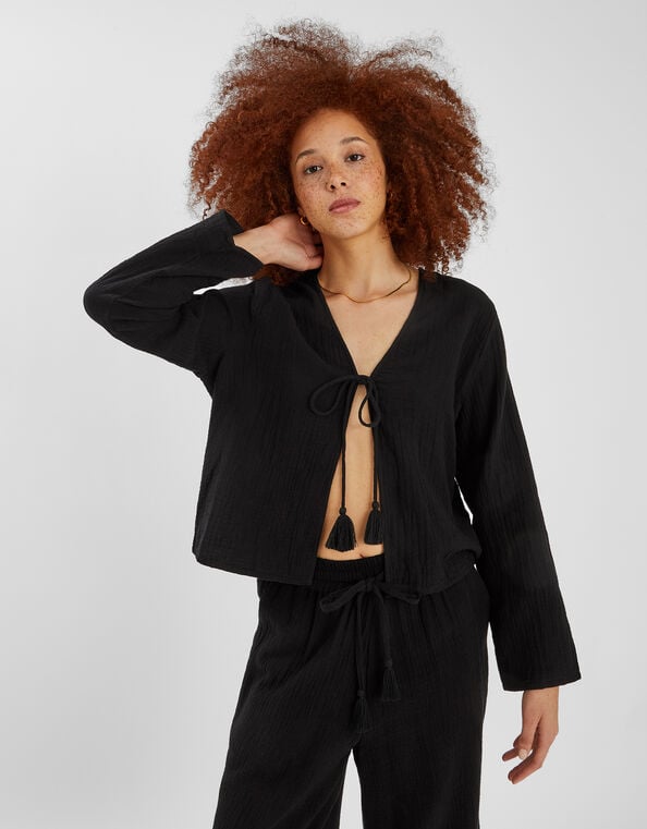 Tie Front Crinkle Top, Black (BLACK), large