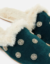 Embellished Spot Velvet Slippers, Teal (TEAL), large