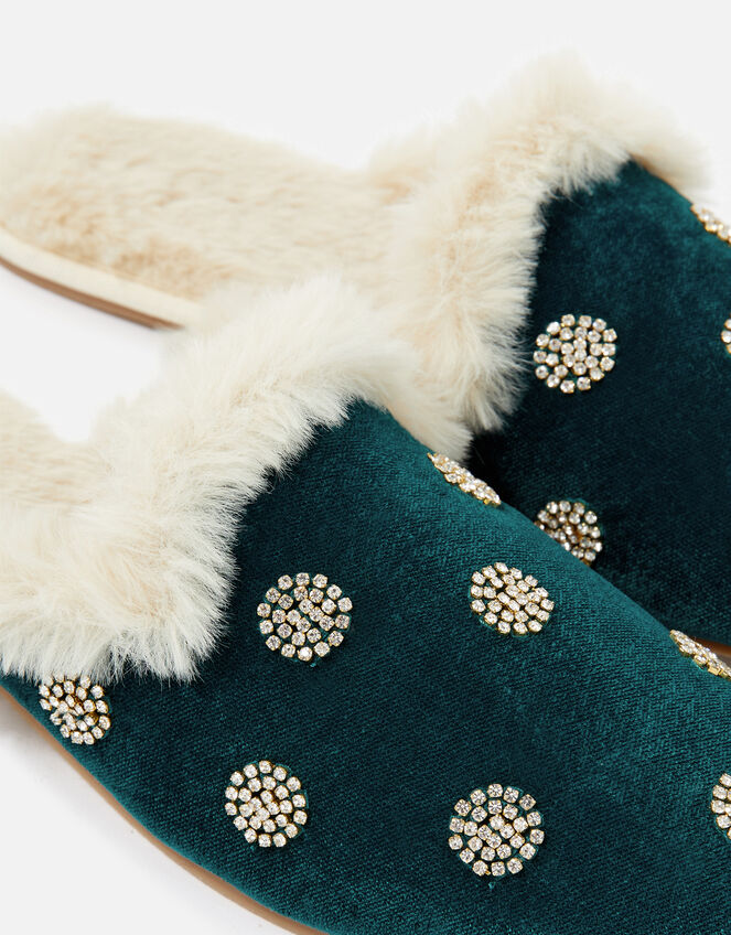 Embellished Spot Velvet Slippers, Teal (TEAL), large