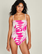 Ruched Palm Print Swimsuit, Pink (PINK), large