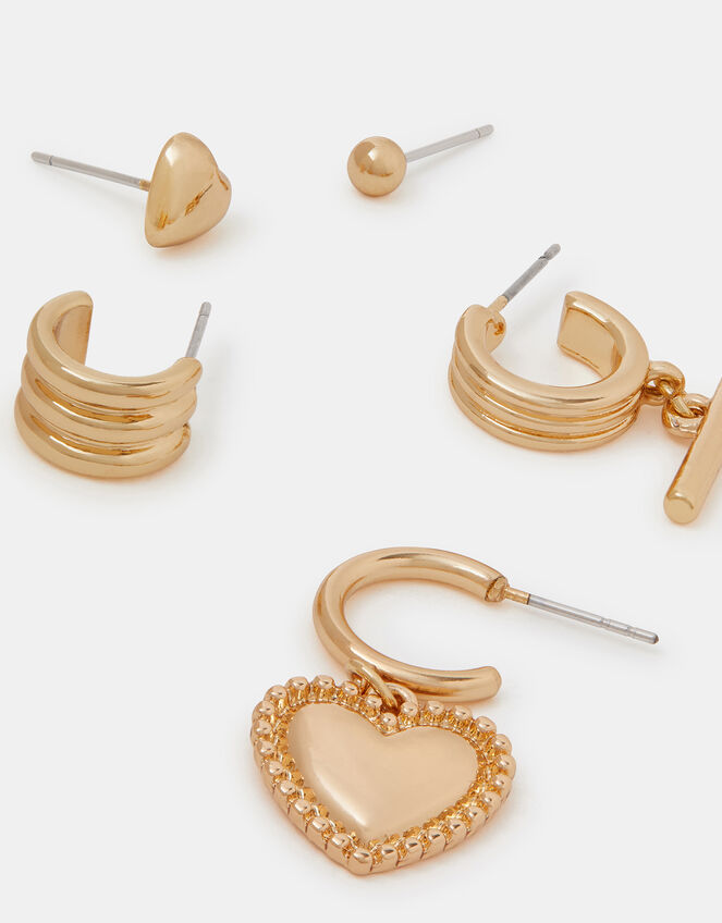 5-Pack T-bar & Heart Hoop Stud Earrings, , large
