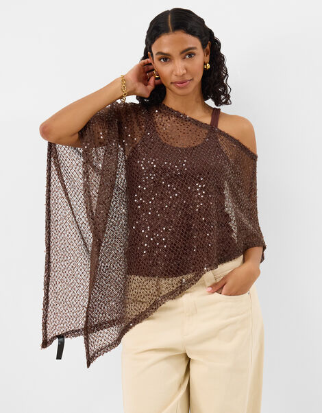 Sheer Sequin Poncho, Brown (CHOCOLATE), large