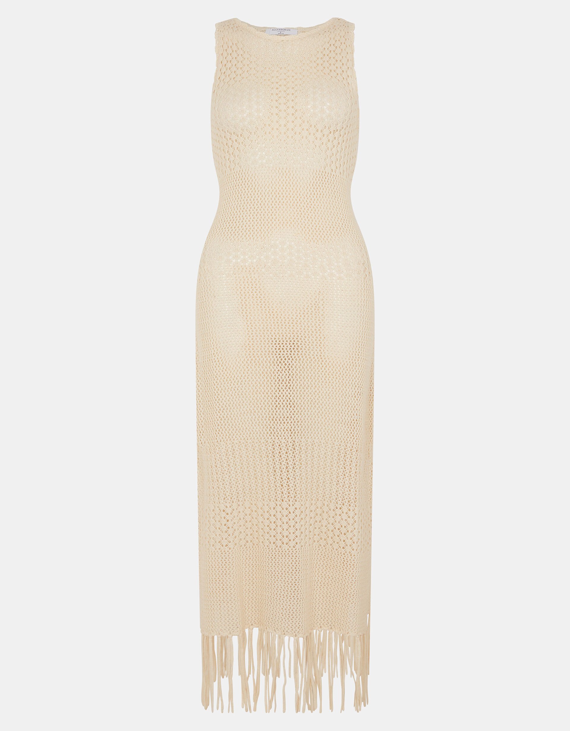 Sleeveless Fringe Crochet Knit Dress, Ivory (IVORY), large