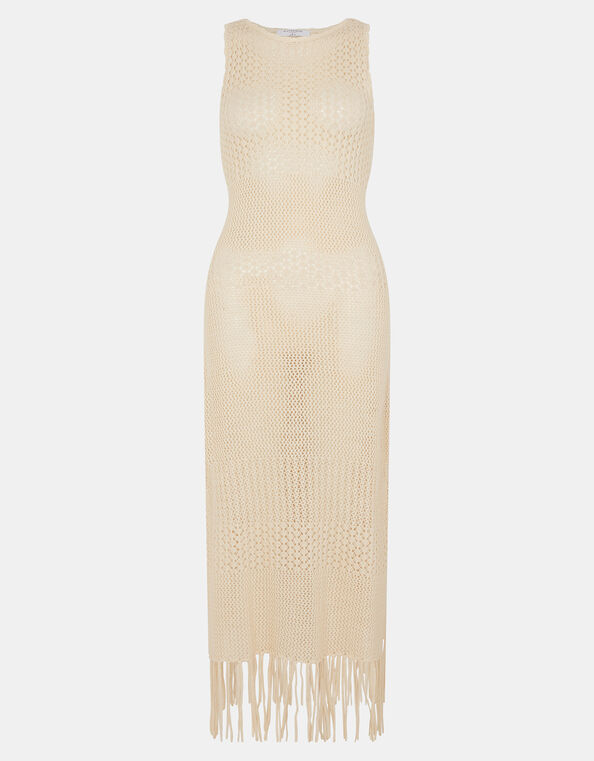 Sleeveless Fringe Crochet Knit Dress, Ivory (IVORY), large