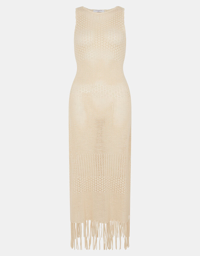 Sleeveless Fringe Crochet Knit Dress, Ivory (IVORY), large