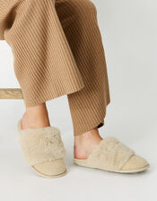 Wide Band Faux Fur Mule Slippers, Camel (CAMEL), large