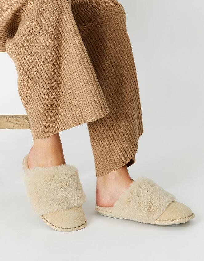 Wide Band Faux Fur Mule Slippers, Camel (CAMEL), large