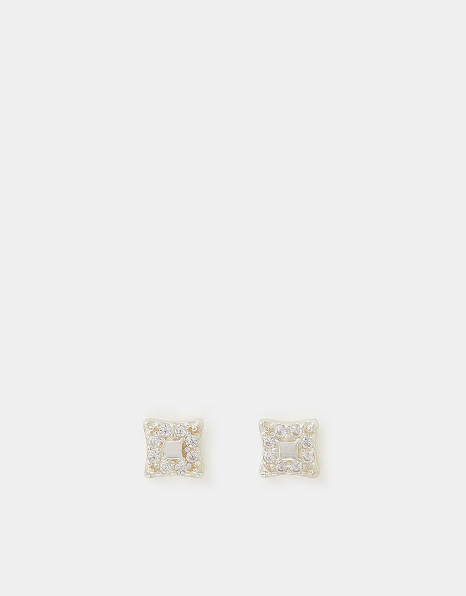 Sterling Silver Square Diamanté Stud Earrings, , large