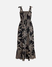 Palm Print Tie-Shoulder Midi Dress, Black (BLACK), large