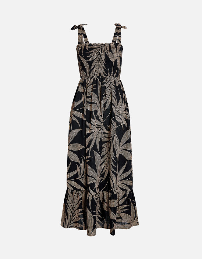 Palm Print Tie-Shoulder Midi Dress, Black (BLACK), large