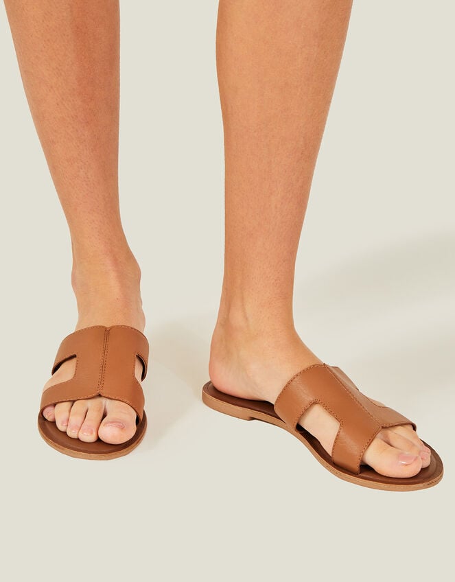 Leather Cut-Out Detail Sliders, Tan (TAN), large