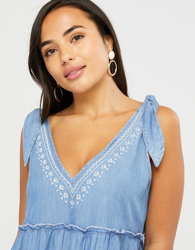 Tiered Chambray Mini Dress in TENCEL® Lyocell, Blue (BLUE), large