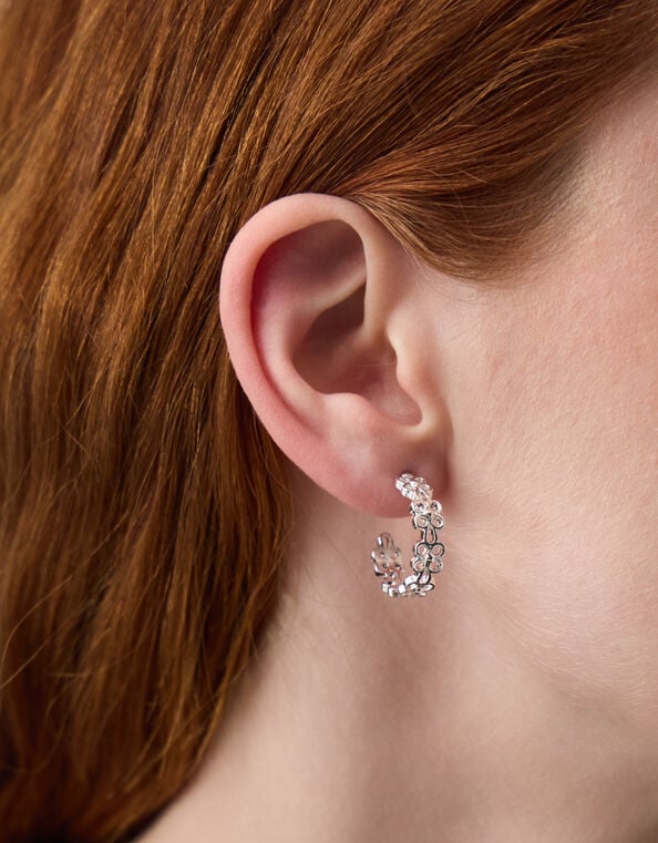 Flower Cut Out Hoop Earrings, Silver (SILVER), large