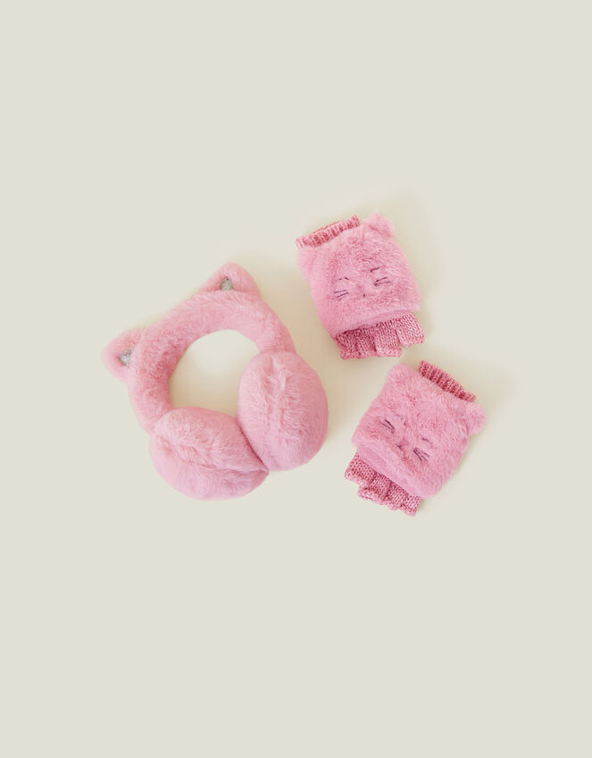 Girls Fluffy Cat Earmuffs and Capped Gloves Set Pink Girls Hats