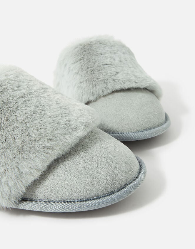 Wide Band Faux Fur Mule Slippers, Grey (GREY), large