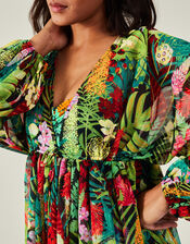 Jungle Print Long Sleeve Mini Beach Dress, Green (GREEN), large