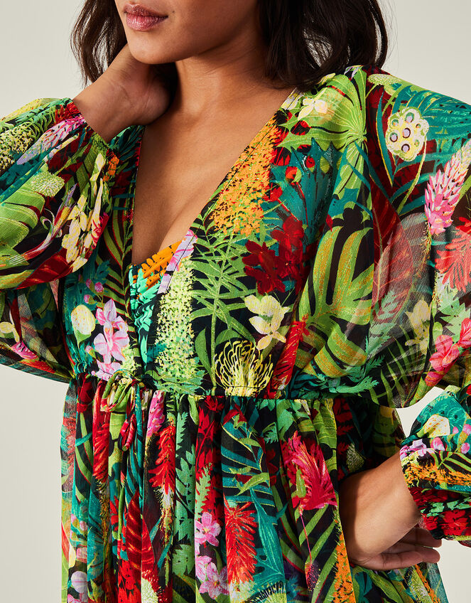 Jungle Print Long Sleeve Mini Beach Dress, Green (GREEN), large