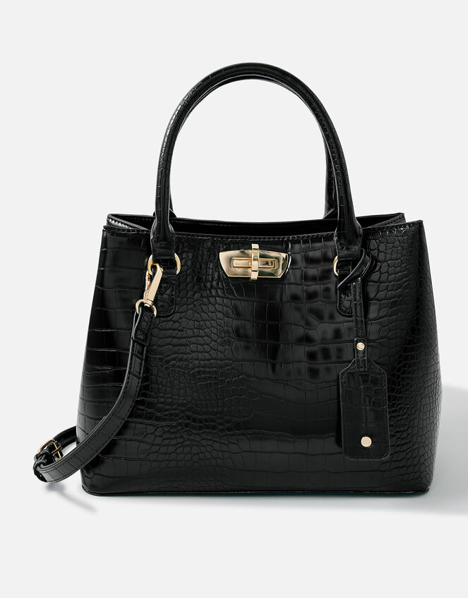 Faux Croc Handheld Bag, Black (BLACK), large
