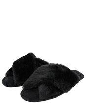 Fluffy Peep-Toe Slipper Sliders, Black (BLACK), large