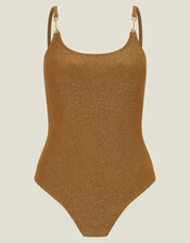 Metal Strap Shimmer Swimsuit, Gold (GOLD), large