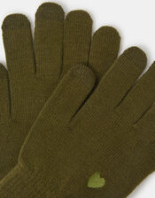 Heart Embroidered Touchscreen Gloves, Green (OLIVE), large