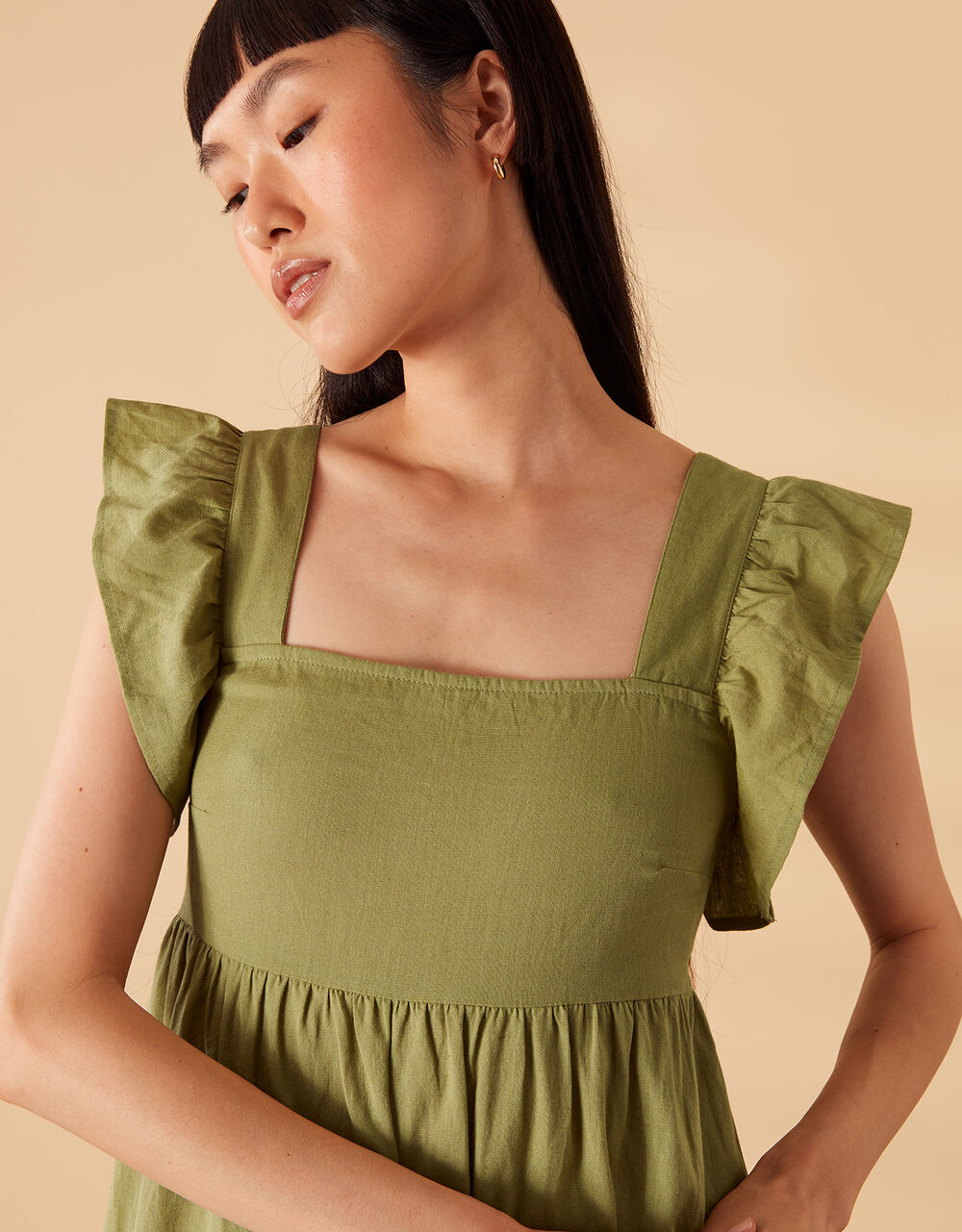 Frill Shoulder Textured Midi Dress Green Beach holiday dresses