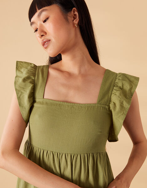 Frill Shoulder Textured Midi Dress Green, Green (KHAKI), large