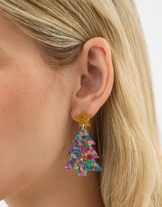 Confetti Resin Christmas Tree Drop Earrings, , large