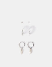 Sterling Silver Pearl Stud and Hoop Earrings Set of Three, , large