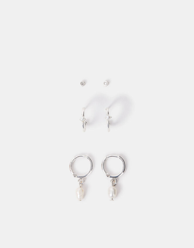 Sterling Silver Pearl Stud and Hoop Earrings Set of Three, , large
