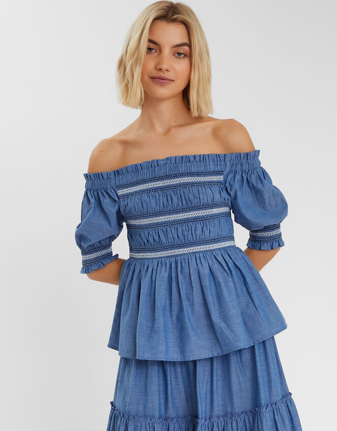 Off-The-Shoulder Smocked Top, Blue (BLUE), large