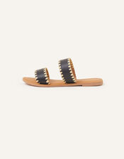 Whipstitch Leather Two Strap Sandals, Black (BLACK), large