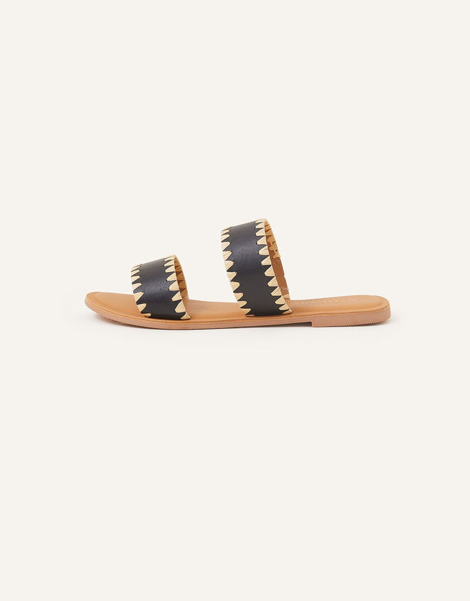 Whipstitch Leather Two Strap Sandals, Black (BLACK), large