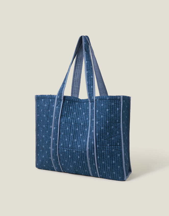 Polka Dot Denim Shopper Bag, , large