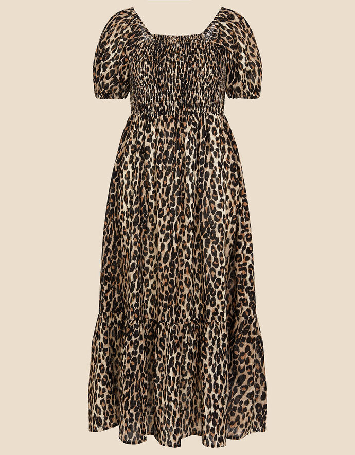 Puff Sleeve Leopard Print Slit Dress