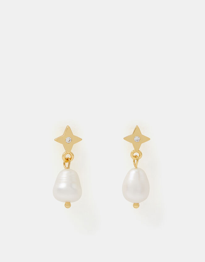 14ct Gold-Plated Star Pearl Drop Earrings, , large