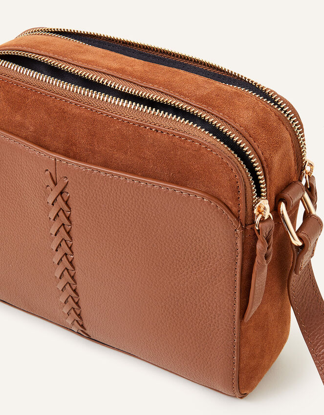 Leather Double Zip Cross-Body Bag, Tan (TAN), large