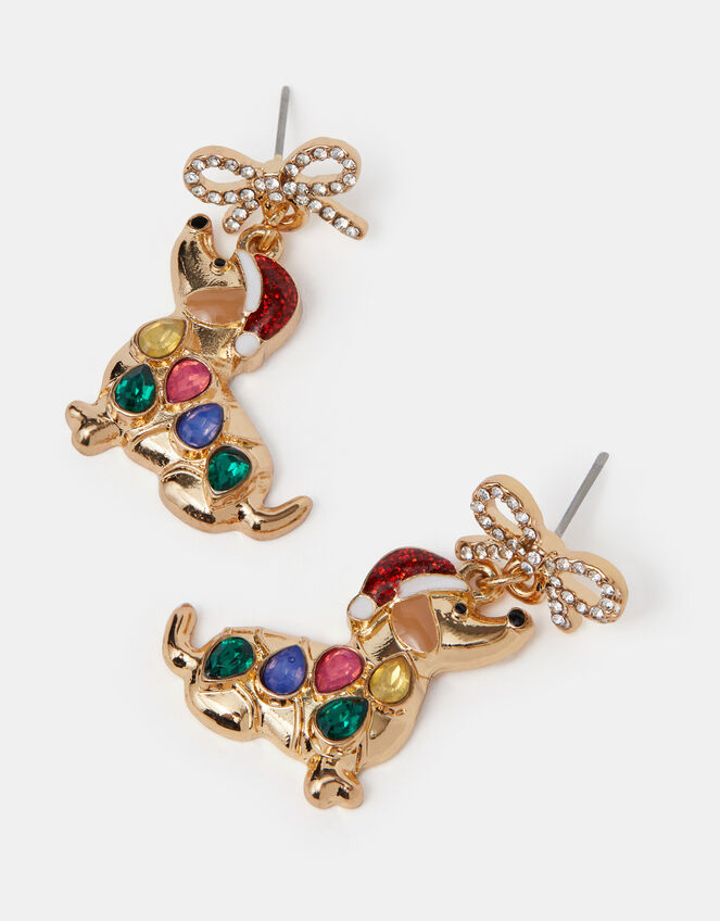 Christmas Sausage Dog Drop Earrings, , large