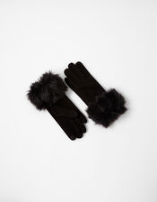 Faux Fur Cuff Touchscreen Gloves, Black (BLACK), large