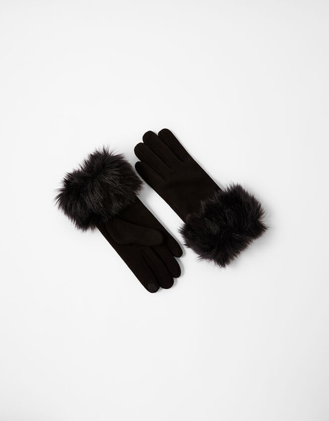 Faux Fur Cuff Touchscreen Gloves, Black (BLACK), large