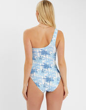 Palm Print One-Shoulder Swimsuit, White (WHITE), large