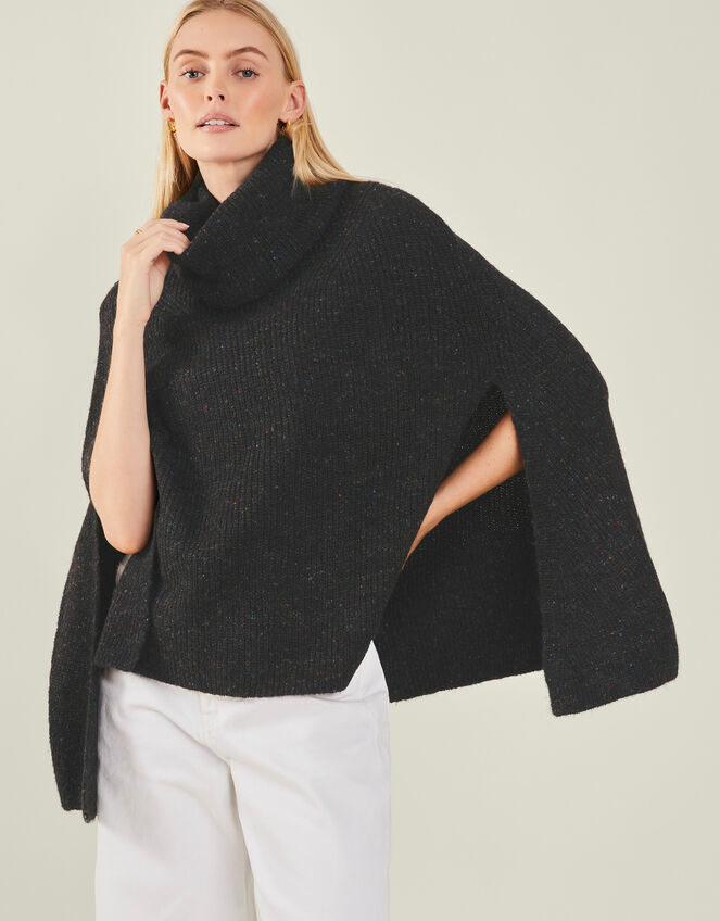 Roll Neck Knit Poncho, Black (BLACK), large