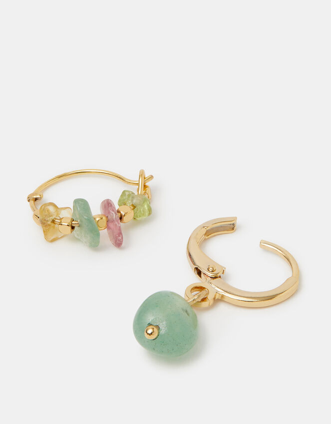2-Pack 14ct Gold-Plated Aventurine Stone Hoop Earrings, , large